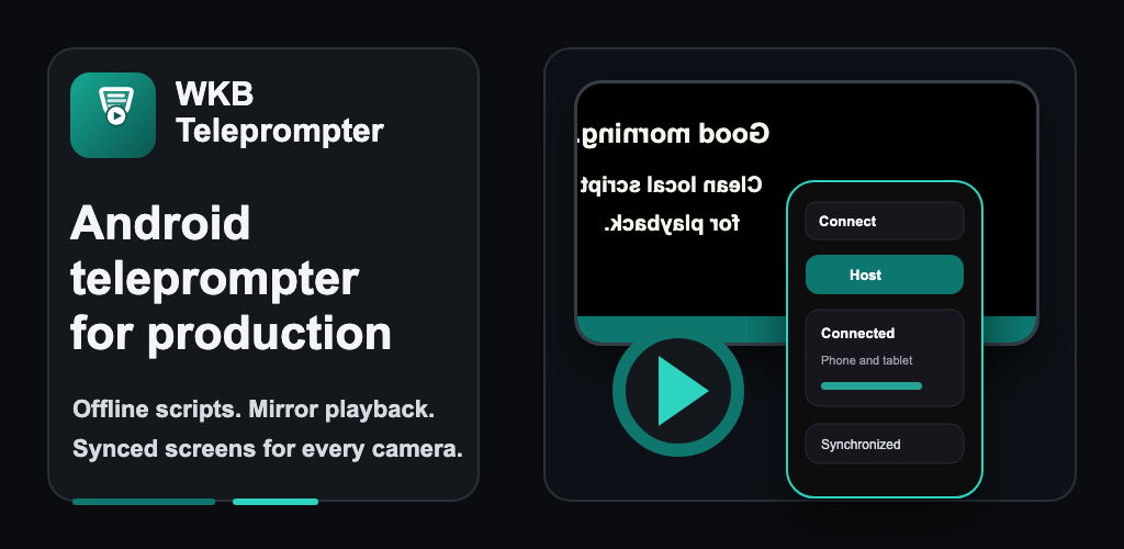 WKB Teleprompter feature graphic showing mirrored playback and synced screens