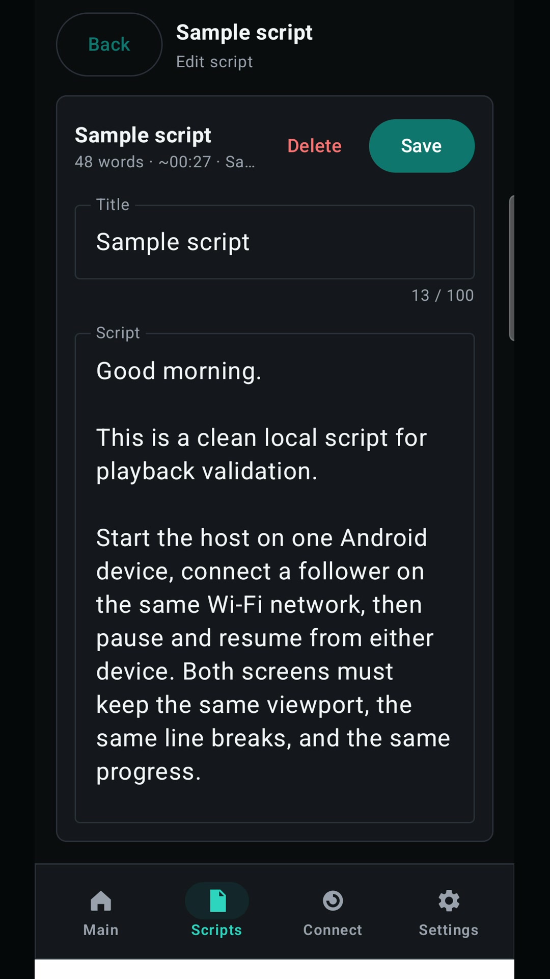 Script editor with imported DOCX-style script text