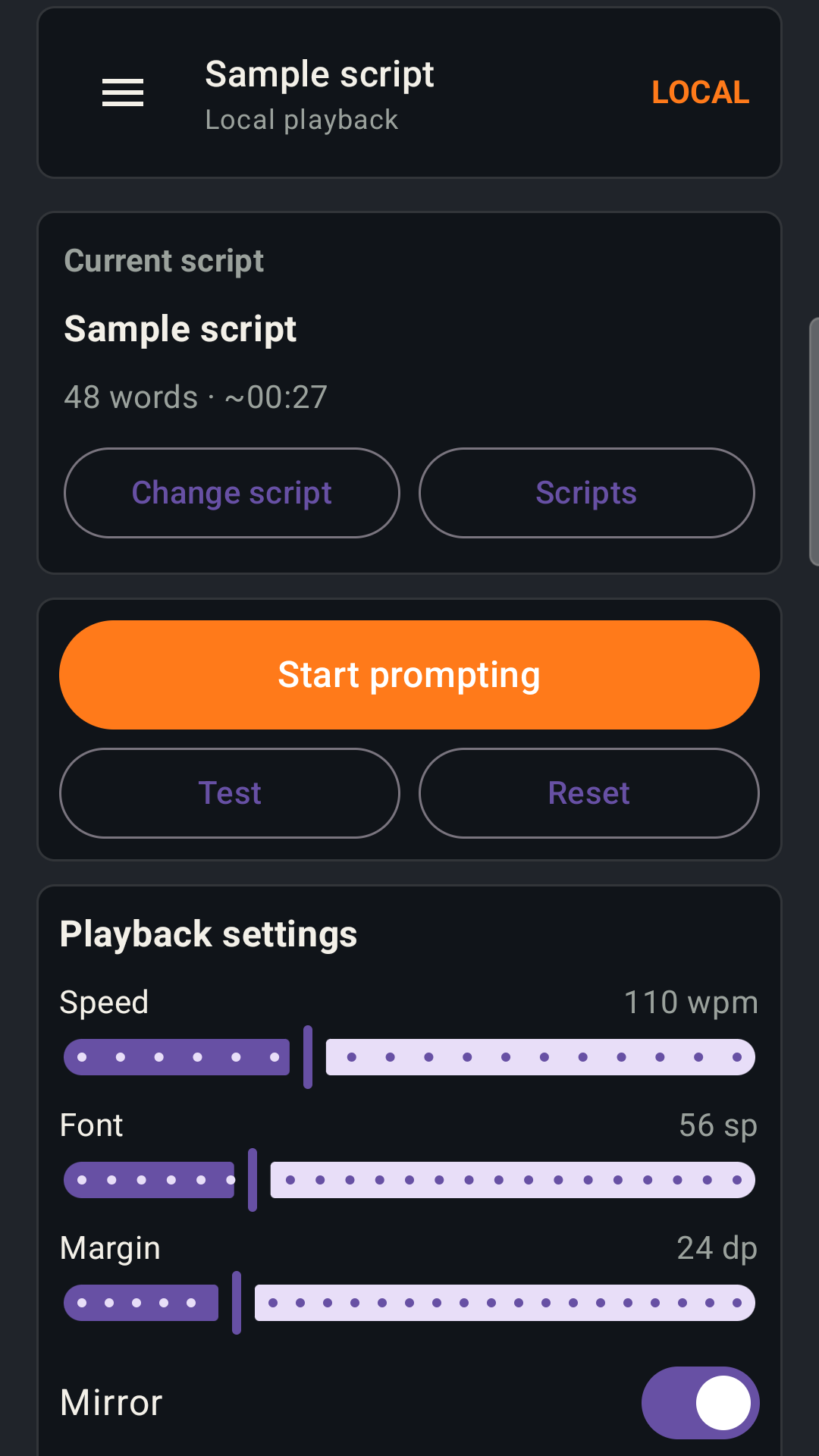 WKB Teleprompter main screen on Android phone