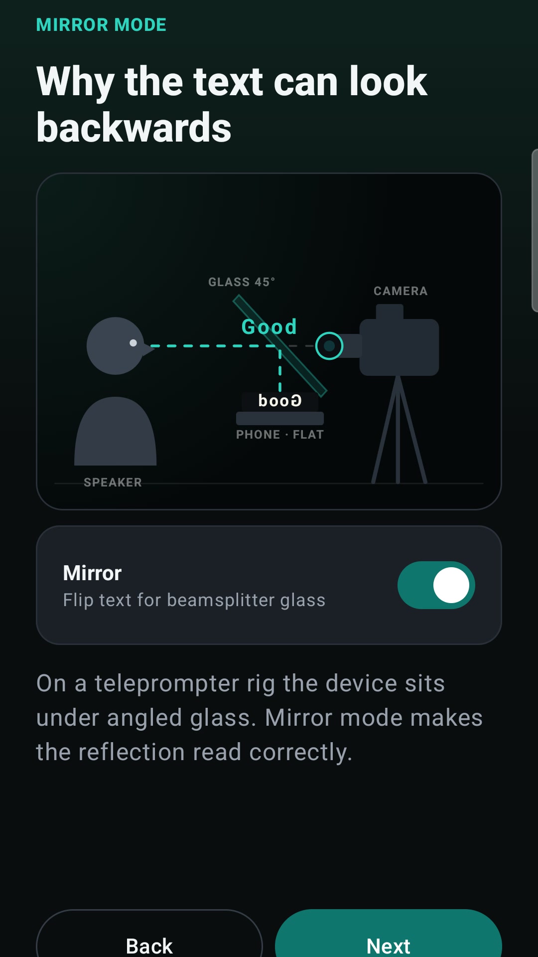 WKB Teleprompter onboarding screen explaining a mirror teleprompter rig