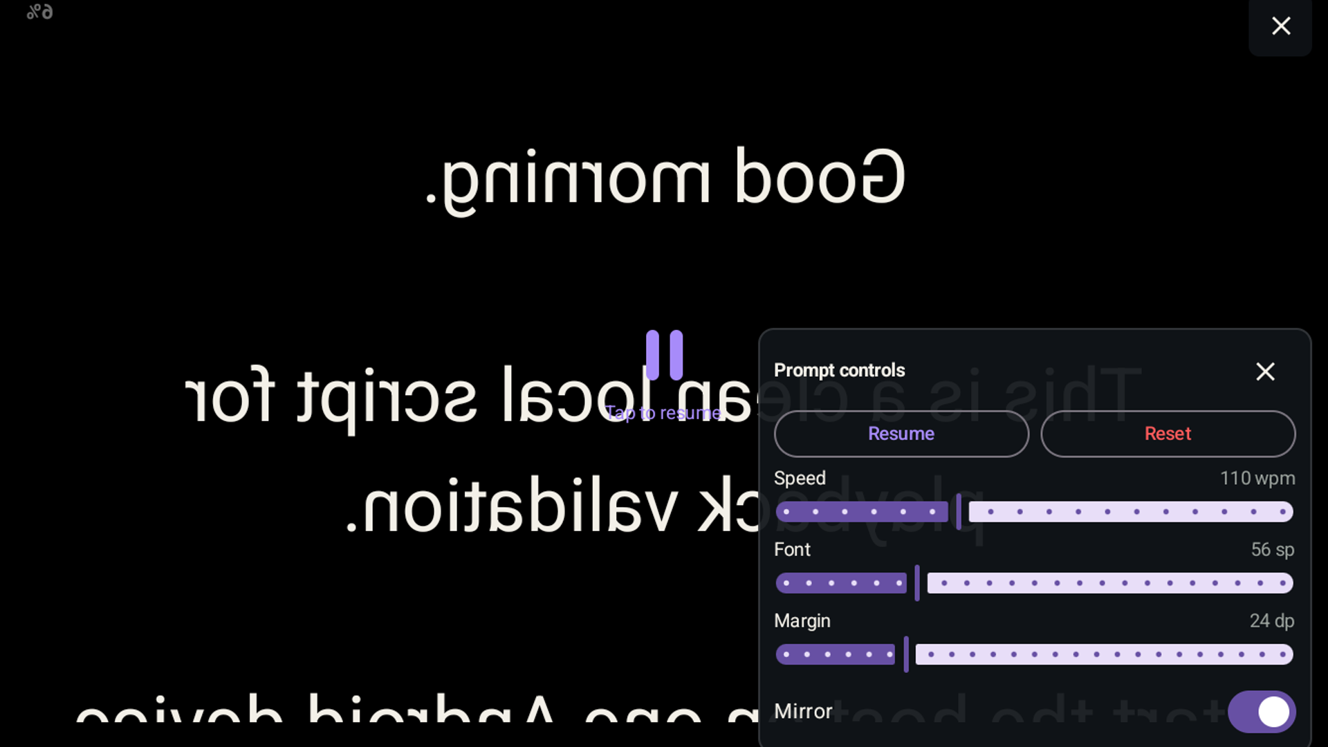 Playback controls with speed, font size, margin, and mirror options